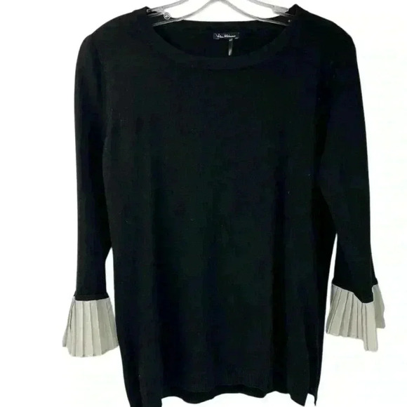 Vila Milano Women's Black Knit Top Pleated Chiffon Cuffs Size L - Picture 1 of 9
